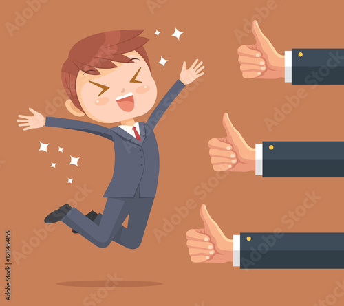 Happy businessman character and many hands with thumbs up. Vector flat cartoon illustration