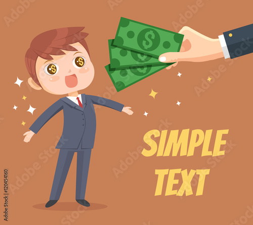 Happy man character receives salary and bonus from boss. Vector flat cartoon illustration