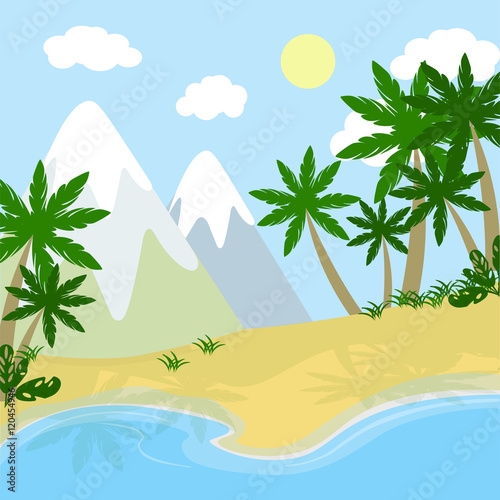 Cartoon prehistoric landscape. River  mountains and beach with palms and plants.