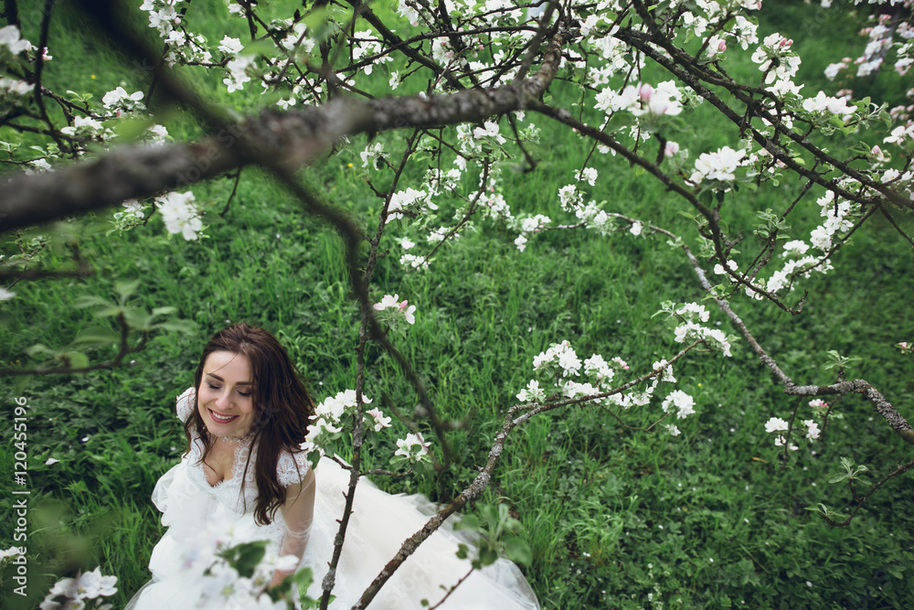 beautiful and happy bride standing in the garden beautiful and happy bride standing in the garden