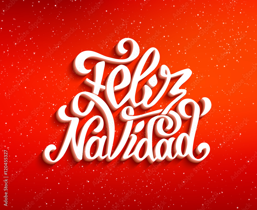 Feliz Navidad hand lettering decoration text on red vector background. Merry Christmas greeting card design template with typography label in spanish