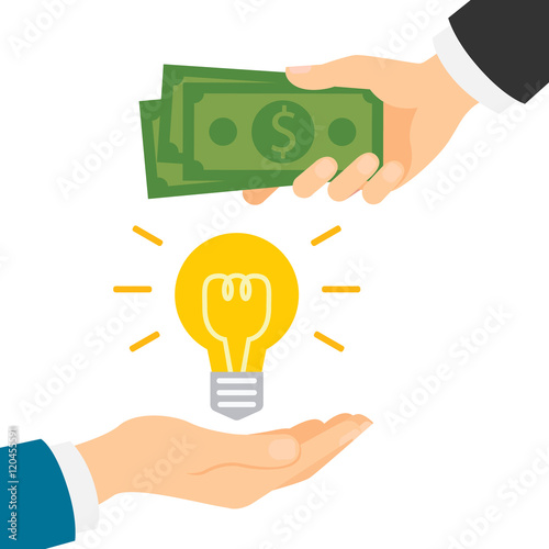 Money for idea concept. Hand giving idea light bulb and another hand giving green dollars. Concept of deal, selling and investment.