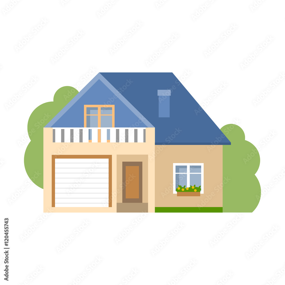 Isolated cartoon house. Simple suburban house with garage. Concept of real  estate, property and ownership. Stock Vector | Adobe Stock