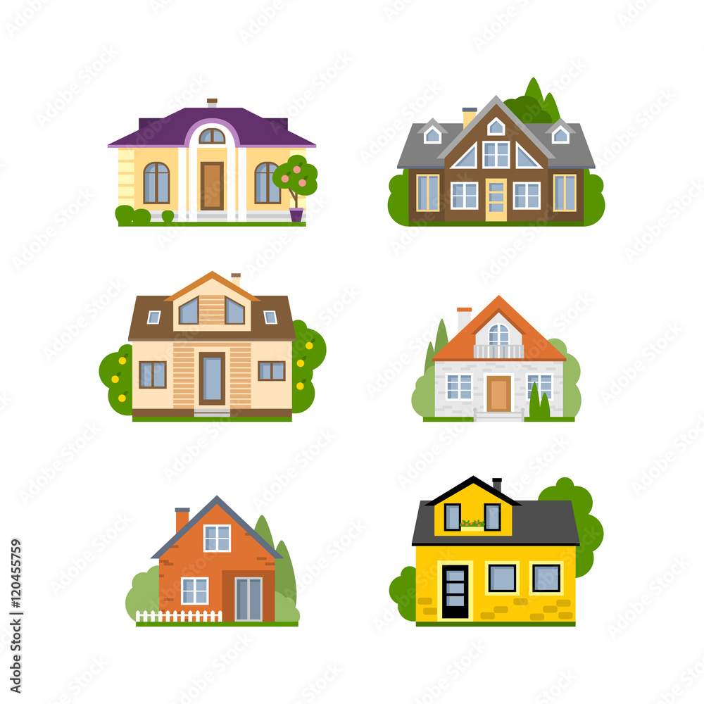 Isolated house set. Concept of real estate, property and ownership. Four different colorful houses.