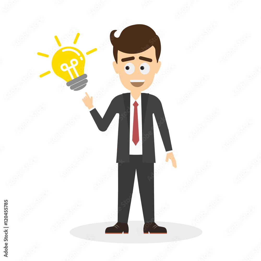 Businessman with idea light bulb. Isolated cartoon character on white  background. Smiling handsome man pointing on lightbulb. Concept of  creativity and solution. Stock Vector | Adobe Stock