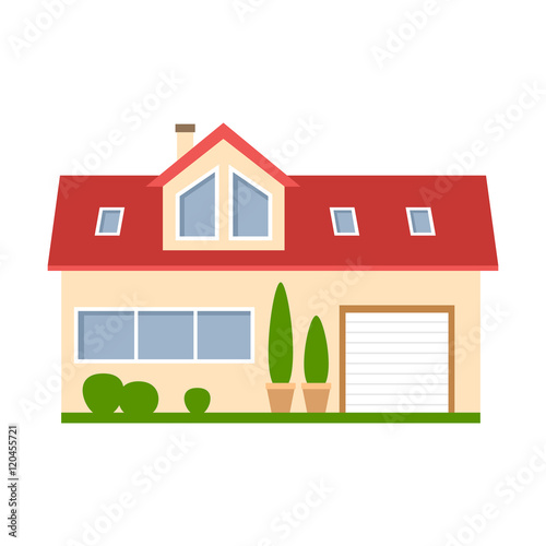 Isolated cartoon house. Simple suburban house with garage. Concept of real estate, property and ownership.