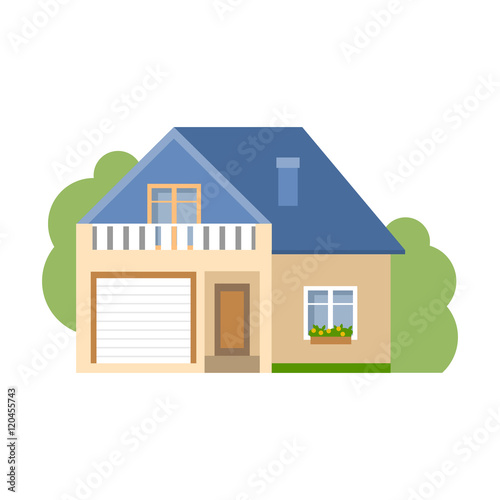 Isolated cartoon house. Simple suburban house with garage. Concept of real estate, property and ownership.