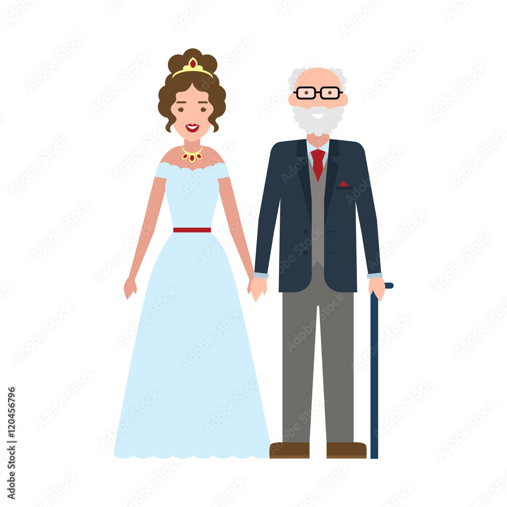 Isolated bride with father on white background. Happy moment near wedding altar. Young bride with old spouse. Isolated bride with father on white background. Happy moment near wedding altar. Young bride with old spouse.