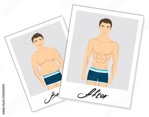 Before and after snapshots. Fat unhealthy man before and slim fit man after. Young and handsome man in white underwear.