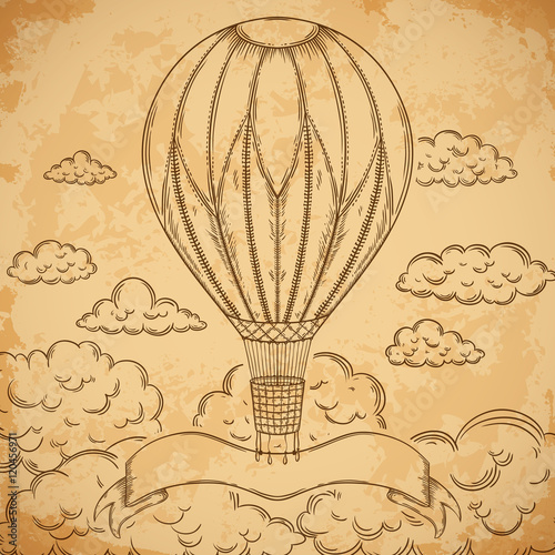 Vintage airship with ribbon and clouds on aged paper background. Cartoon steampunk styled flying airship. Retro vector hand drawn illustration.