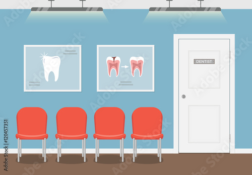 Waiting room for patients in the dental office. Interior building dentistry. Vector illustration in flat style