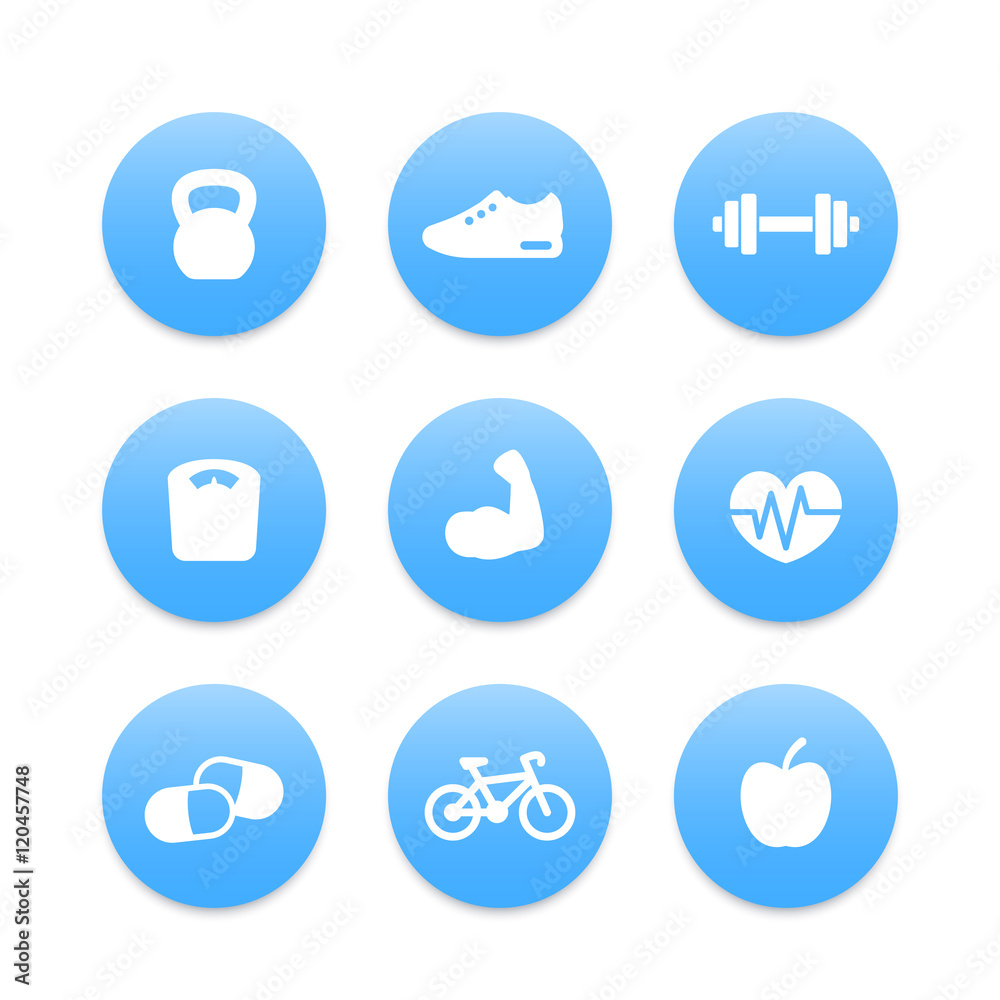 Fitness simple icons, kettlebell, biceps, dumbbell, cardio, running Fitness simple icons, kettlebell, biceps, dumbbell, cardio, running