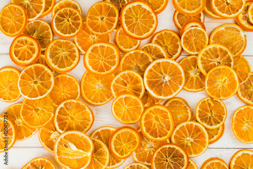 natural background dry sliced oranges, top view