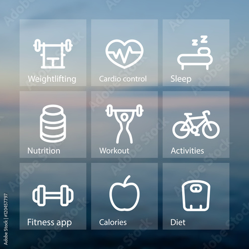 Fitness thick line icons, fit and active lifestyle, strength training, workout, vector pictograms on transparent squares