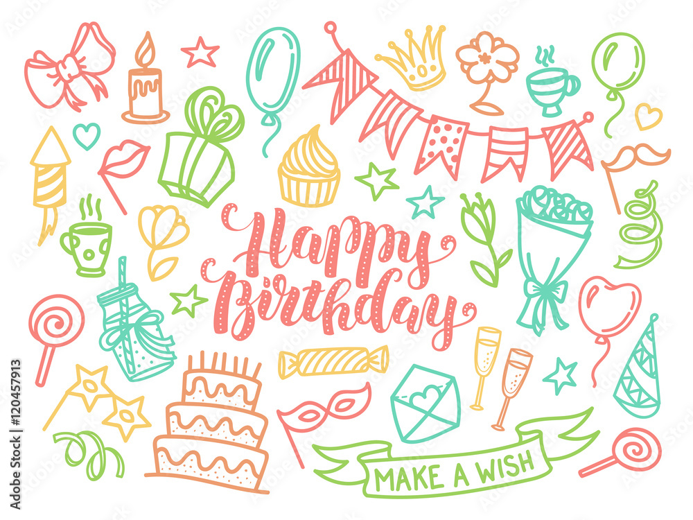 Colorful happy birthday party lettering and doodle set Colorful happy birthday party lettering and doodle set