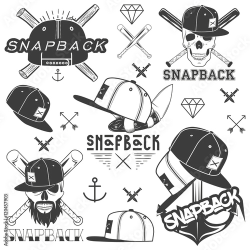 Vector monochrome set of snapback badges, emblems, labels, logos and design elements. Isolated illustration in vintage style with flat cap hats, skulls, bats