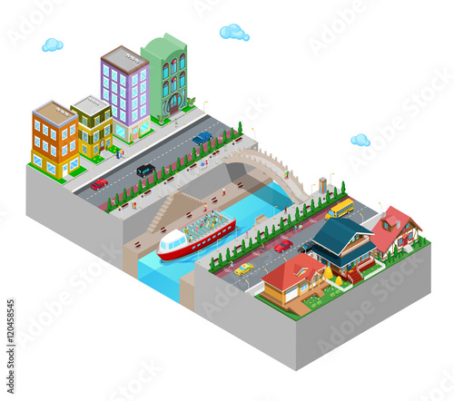 Isometric City View with Buildings Bridge Embankment and River. Flat 3d Vector illustration