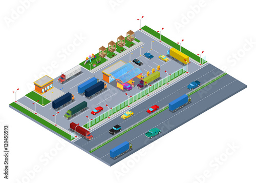 Isometric Road Highway Infrastructure with Fuel Station Truck Parking and Rest Area. Vector 3d Flat illustration