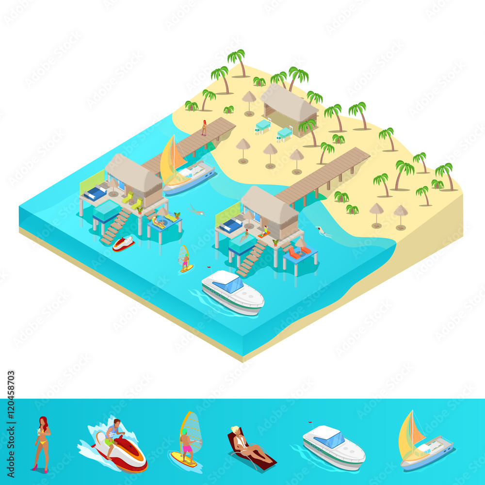 Isometric Tropical Beach Vacations. Resort with Bungalows Palm Trees and Boats. Vector 3d flat illustration