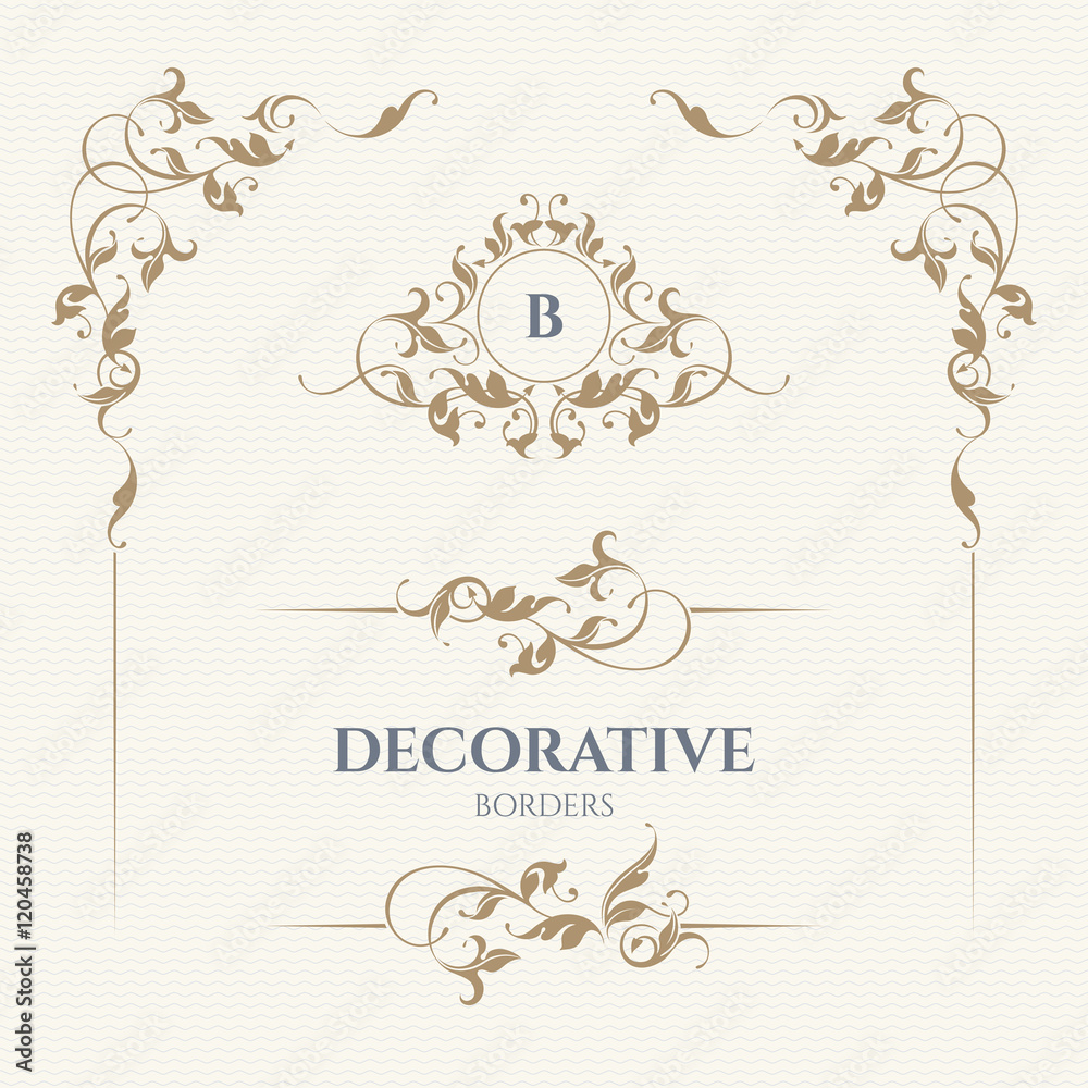 Set of monograms and borders. Graphic design pages.