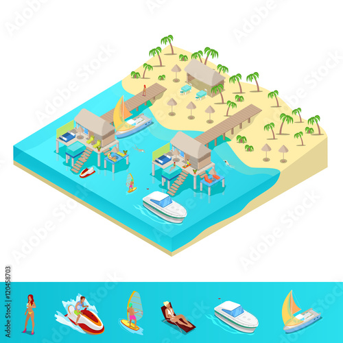 Isometric Tropical Beach Vacations. Resort with Bungalows Palm Trees and Boats. Vector 3d flat illustration