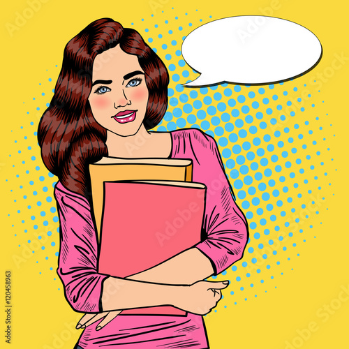 Pretty Young Pop Art Student Girl Holding Books. Vector illustration
