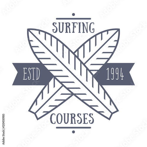 Surfing courses emblem on white, vector illustration