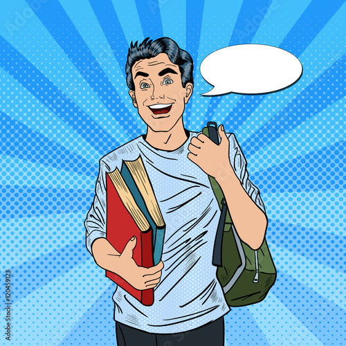 Smiling Positive Male Pop Art Student with Backpack and Books. Vector illustration
