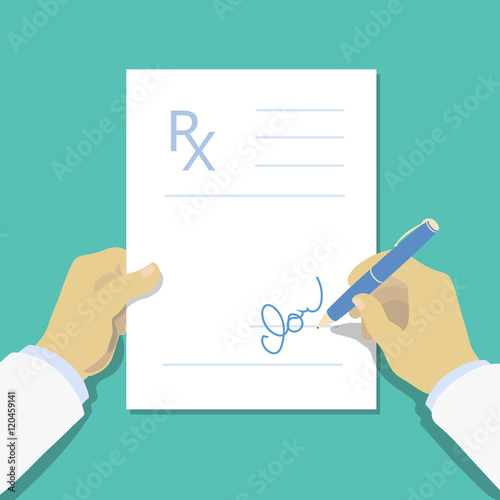 Medical prescription pad flat design style, Rx form. Medical background, template with doctor hand. Vector illustration