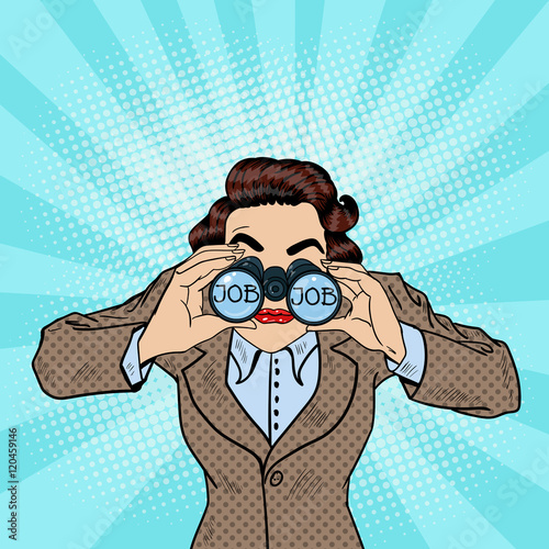 Young Pop Art Woman Searching for a Job and Looking into Binoculars. Vector illustration