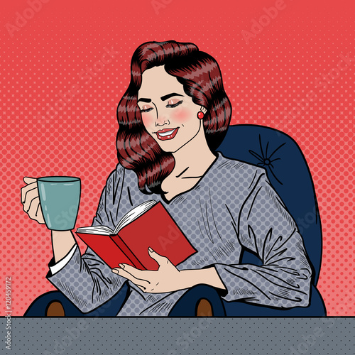 Pretty Young Pop Art Woman Reading Book and Drinking Coffee. Vector illustration