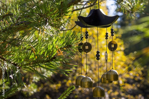 Valokuva Closeup wind chimes for protection and good luck in autumn garden