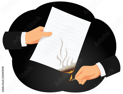 Hands of a businessman are burning on fire a contract. Matchstick and flame. Break of an agreement.