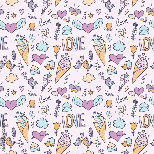 Doodle romantic seamless pattern with love  hearts and birds 