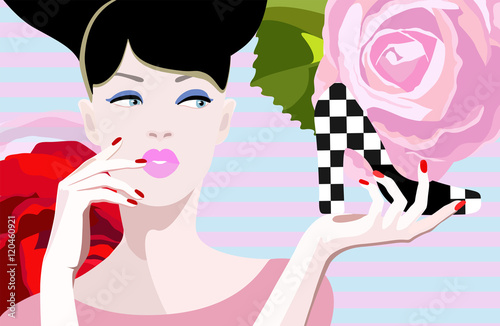 Abstract  illustration of thinking girl, shoes pattern in square
