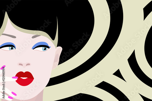 Abstract illustration of  thinking girl model in striped hat , red lips