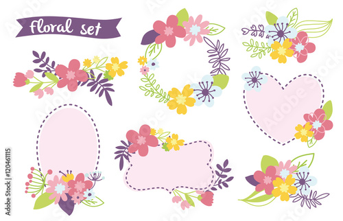 Romantic Floral hand drawn set. Vector illustration with frames. Wedding design