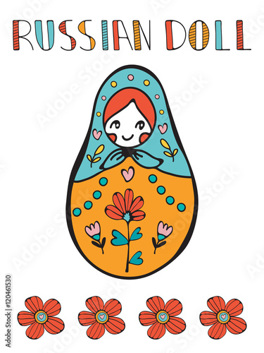Colorful card with cute russian doll