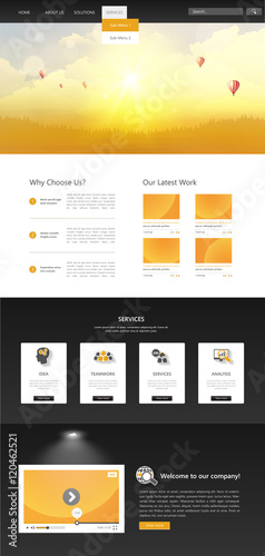 One Page Website Template with Autumn Sunset Illustration. Vector Eps 10

