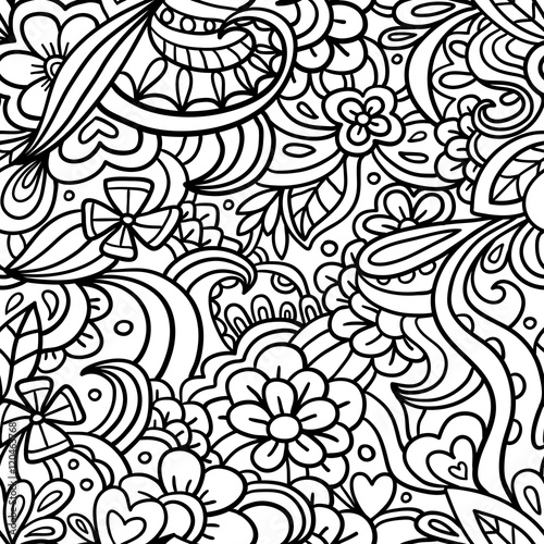 Decorative graphic curly floral seamless pattern, monochrome endless pattern with flowers and leaves for wallpaper, pattern fills, web page background, textiles.