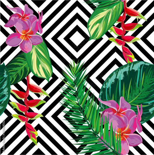 Beautiful seamless tropical jungle floral pattern background with palm leaves. Vector illustration.