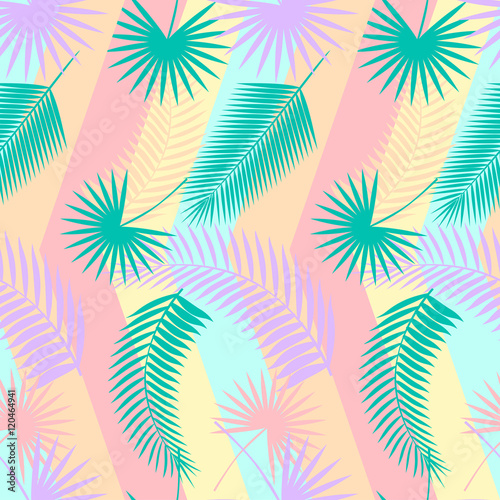 Beautiful seamless tropical jungle floral pattern background with palm leaves. Vector illustration.