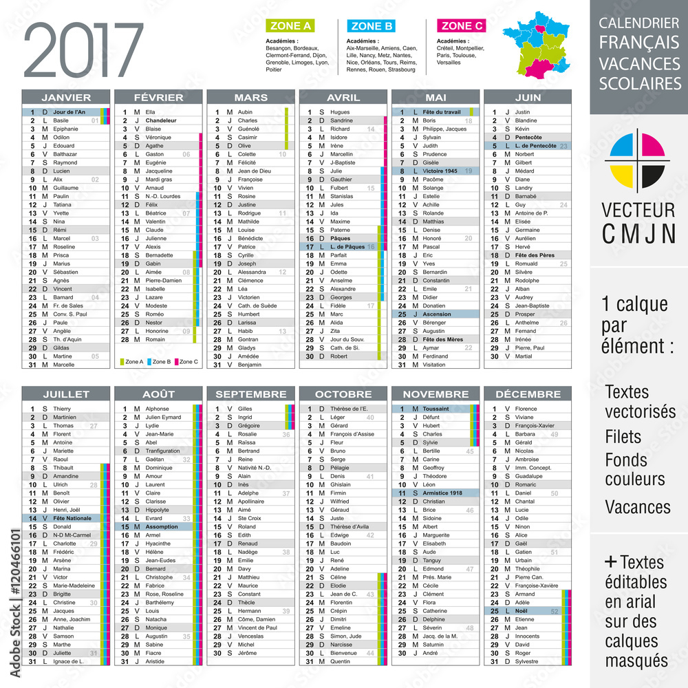 Fototapeta premium Calendrier français 2017 avec vacances scolaires et académies