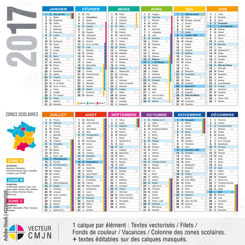 Calendrier français 2017 avec vacances scolaires et académies