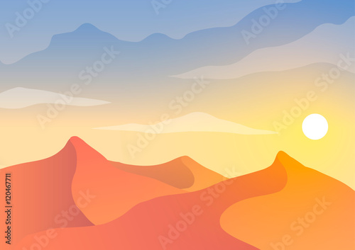 Sunset in sandy desert. Vector illustration.