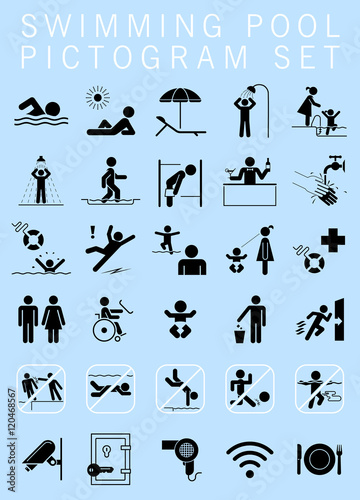 Swimming pool pictogram set. Collection of premium quality pictograms giving information, bans and warnings for swimming pool visitors.
