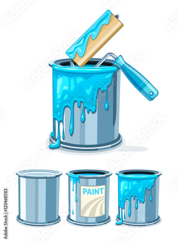 Buckets with blue paint and roller for painting