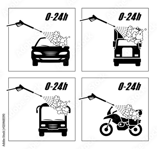 Collection of very useful icons for car wash.  
Illustration presenting washing of cars, trucks, bus and motorcycle.
