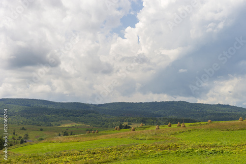 Summer day landscape with road  cloudy sky and small houses. Ukraine  Carpathian.