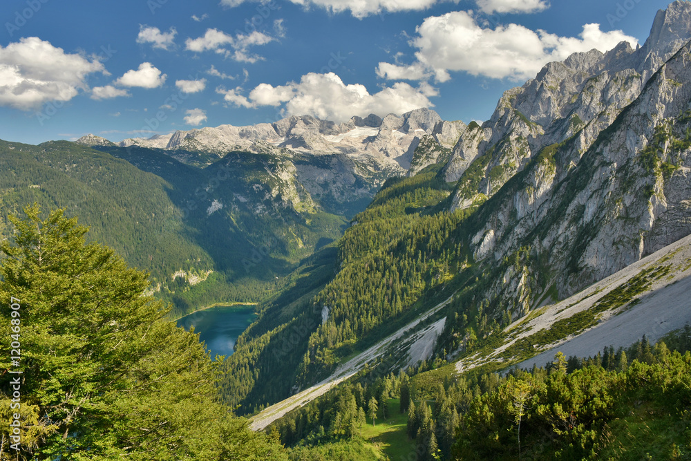 View from Gosaukamm cable car into Gosau valley with Gosau Lake and Dachstein mountain range